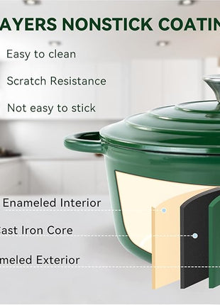 Miereirl 4.5 Quart Enameled Dutch Oven Pot with Lid, Cast Iron Dutch Oven with Dual Handles for Bread Baking, Cooking, Non-stick Enamel Coated Cookware (Green)