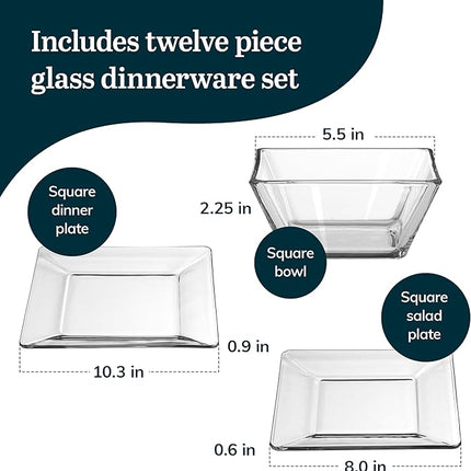Libbey Tempered Glass Dinnerware Set, Sleek Square Clear Glass Plates and Bowls Set of 12, Dishwasher Safe Dinnerware for Parties or Everyday Use