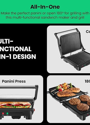 Chefman Panini Press Grill and Gourmet Sandwich Maker Non-Stick Coated Plates, Opens 180 Degrees to Fit Any Type or Size of Food, Stainless Steel Surface and Removable Drip Tray, 4 Slice, Black