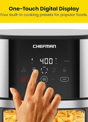 CHEFMAN Easy-View Air Fryer – 8 Qt Family Size with Viewing Window, One-Touch Digital Control with 4 Presets, Nonstick & Dishwasher Safe, Broil, Roast, Dehydrate, Bake, Auto-Shutoff, Stainless Steel
