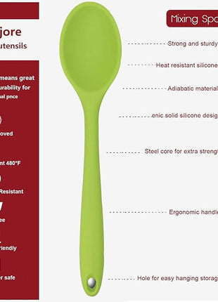 Meajore 2 Pcs Silicone Spoons for Cooking Heat Resistant, Hygienic Design Cooking Utensi Mixing Spoons for Kitchen Cooking Baking Stirring Mixing Tools (Green)