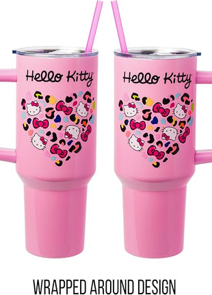 Silver Buffalo Sanrio Hello Kitty Leopard Jungle Cat Print and Bows Heart Stainless Steel Tumbler with Handle and Straw, Fits in Standard Cup Holder, 40 Ounces
