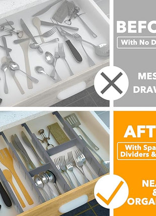 SpaceAid Bamboo Drawer Dividers with Inserts and Labels, Kitchen Adjustable Drawer Organizers, Expandable Organization for Home, Office, Dressers, 4 Dividers with 9 Inserts (17"-22" Gray)