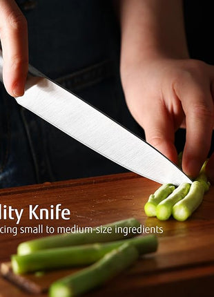 hecef Silver Kitchen knife set of 3, Satin Finish Blade with Hollow Handle, includes 8" Chef, 5" Utility and 3.5" paring knife