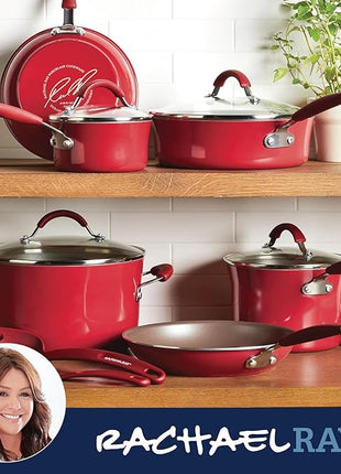 Rachael Ray Cucina Nonstick Cookware Pots and Pans Set, 12 Piece, Cranberry Red