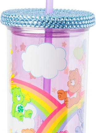 Silver Buffalo Care Bears Plastic Cold Cup with Rhinestone Lid and Straw Featuring Good Luck Bear, Love-a-Lot Bear, Friendship Bear, Tenderheart Bear, and Grumpy Bear, 20 Ounces