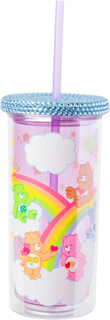 Silver Buffalo Care Bears Plastic Cold Cup with Rhinestone Lid and Straw Featuring Good Luck Bear, Love-a-Lot Bear, Friendship Bear, Tenderheart Bear, and Grumpy Bear, 20 Ounces