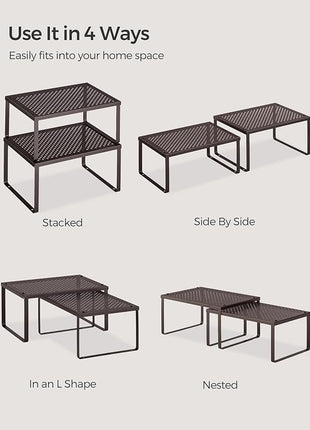 SONGMICS Spice Racks, Set of 4 Metal Cabinet Shelf Organizers, Countertop Organizers, Shelf Risers, Stackable, Expandable, Brown UKCS06BR