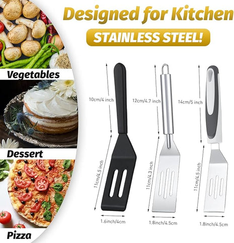 CHENGU 4 Pcs Mini Brownies Serving Spatula Stainless Steel Nonstick Serve Turner Cookie Slotted Spatula for Kitchen Cutting and Serving Desserts Small Frying Pan Cookie (3 Styles, 3 Styles)