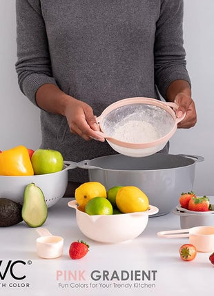 COOK WITH COLOR Nesting Bowls with Measuring Cups Colander and Sifter Set - Includes Mixing Bowls, Colander, Sifter and Measuring Cups, Pink, 8 Pc Bowl
