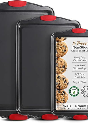 Baking Sheet Set, 3-Piece Cookie Sheet Set with Silicone Handles, Steel Baking Pans Set, Durable Baking Sheets for Oven, BPA Free Cookie Sheets for Baking Nonstick Set, Sheet Pan - Black Baking Pan