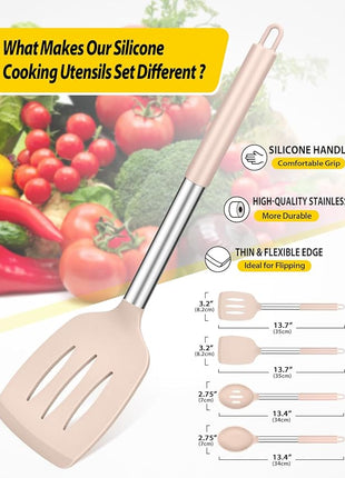 Pack of 4 Silicone Cooking Utensils Set, Non Stick Large Solid Spatulas, Heat Resistant Stainless Steel Khaki Slotted Spoons, Ideal BPA Free Kitchen Turners for Frying, Mixing,Serving,Draining,Turning