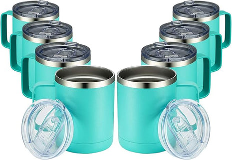 MEWAY 12oz Coffee Mug With Handle 8 Pack Bulk,Stainless Steel Insulated Travel Tumblers With Sliding Lid,Double Wall Vacuum Camping Cup for Hot & Cold Drinks Tea (Light Green,Set of 8)