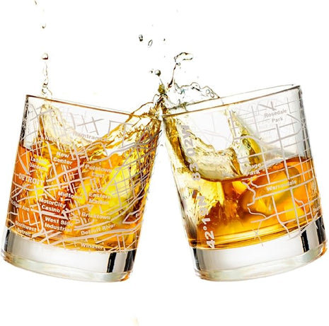 Greenline Goods Whiskey Glasses - 10 Oz Tumbler Set for Detroit, Michigan lovers, Etched with Detroit Map Old Fashioned Rocks Glass - Set of 2