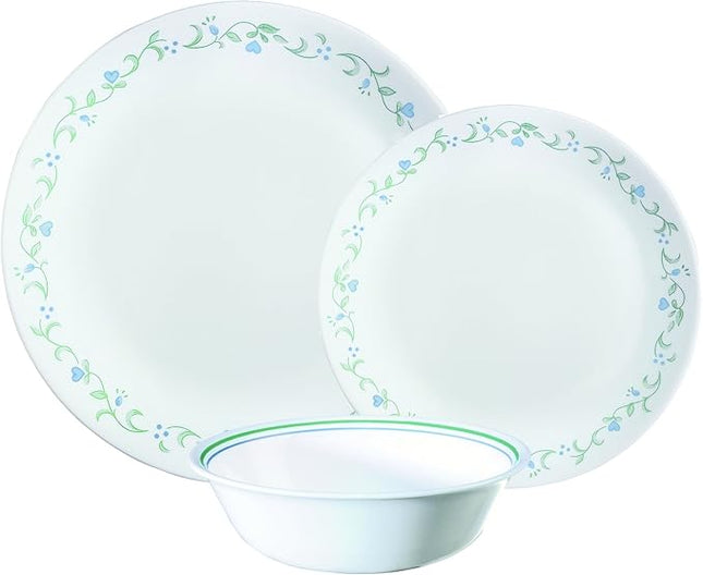 Corelle Vitrelle Glass 12-Piece Country Cottage Chip and Break Resistant Dinner Set, Green/Blue - 3029B