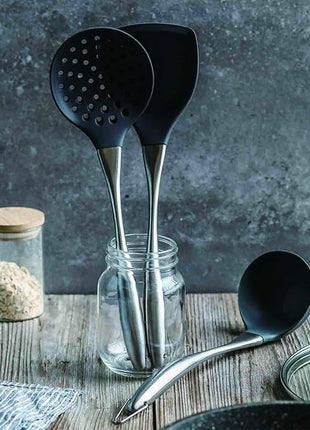 Silicone Stainless Steel Kitchen Utensils Set, 3-Pieces Flexible Silicone Head Cooking Utensil with Wok Spatula, Ladle, Slotted Spoon (Grey)