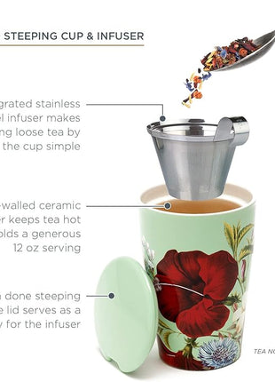 Tea Forte Double-Walled Ceramic Kati Cup, Removable Stainless Steel Infuser Basket and Lid, Steeps 12 oz Loose Leaf Tea, Dishwasher & Microwave Safe, Fleur
