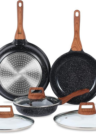 ESLITE LIFE Nonstick Ceramic Frying Pans Skillets Set with Lids, Non-Toxic Egg Omelette Kitchen Cooking Pans Compatible with All Stovetops (Gas, Electric & Induction), PTFE & PFOA Free (Black)
