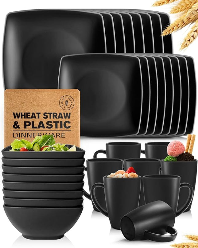 Teivio 32-piece Plastic Kitchen Wheat Straw Square Dinnerware Sets,Service for 8, Unbreakable Dinner Plates, Salad Plates, Snack Bowls, Mugs,Dishwasher Safe,Camping Dishes,Black