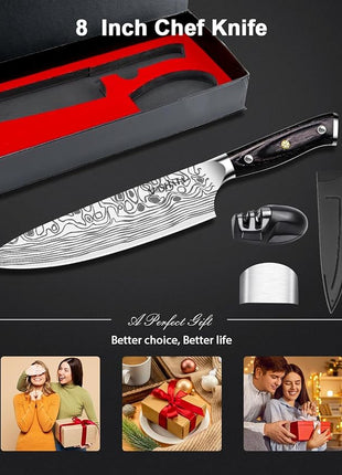 MOSFiATA 8" Super Sharp Professional Chef's Knife with Finger Guard and Knife Sharpener, German High Carbon Stainless Steel EN1.4116 with Micarta Handle and Gift Box