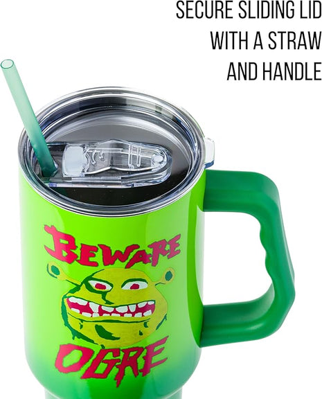 Silver Buffalo Shrek Beware Ogre Stainless Steel Tumbler with Handle and Straw, Fits in Standard Cup Holder, 40 Ounces
