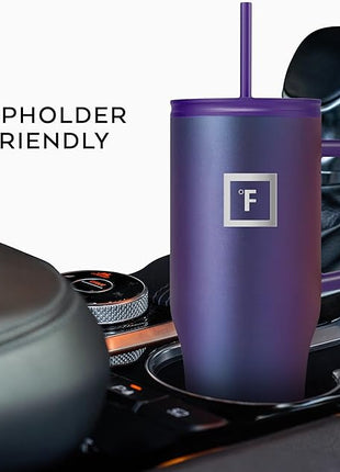 IRON °FLASK Co-Pilot Insulated Mug w/Straw & Flip Cap Lids - Cup Holder Bottle for Hot, Cold Drink - Leak-Proof - Water, Coffee Portable Travel Mug - Twilight Blue, 32 Oz