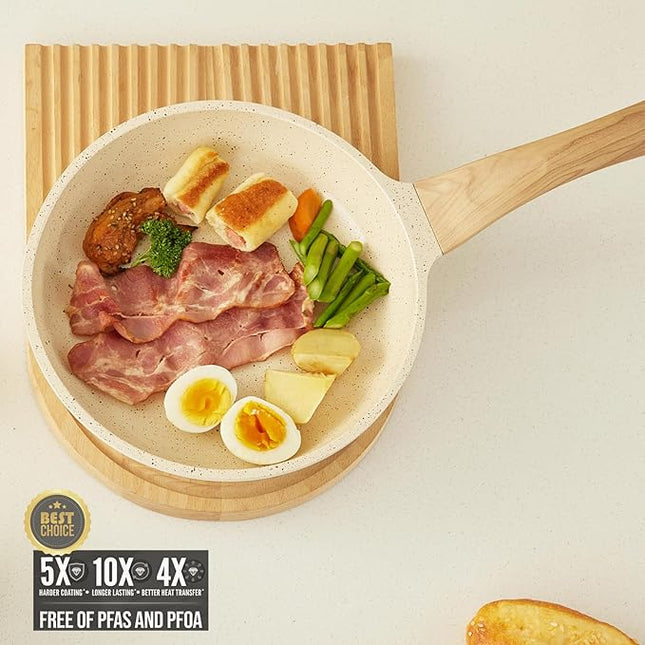 Non Stick Pots and Pans Set Ceramic Cookware Set with Granite Dot, 3pcs Kitchen Cooking Sets Frying Pan Saucepan, No PTFE, No PFAS, Bright Cream