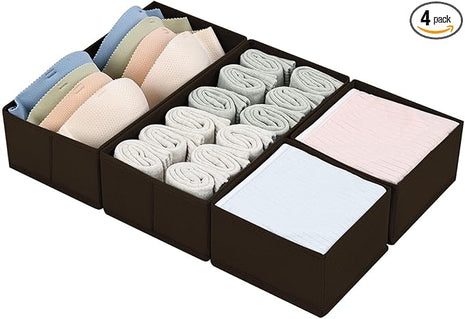 DIMJ Drawer Organizer Clothes, Underwear Drawer Organizer, Set of 4 Foldable Closet Drawer Bins, Fabric Drawer Dividers for Baby Clothes, Socks, Belt, Tie (Brown)