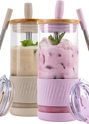 Pandaloo® Glass Cups With Lids and Straws -20 Fl Oz- Perfect Size Iced Coffee Cup - Smoothie Cup With Bamboo Lid and On the go Lid - Glass Tumbler (2 Count (Pack of 1), Lilac-Creamy Mushroom)