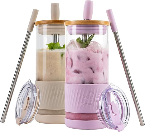Pandaloo® Glass Cups With Lids and Straws -20 Fl Oz- Perfect Size Iced Coffee Cup - Smoothie Cup With Bamboo Lid and On the go Lid - Glass Tumbler (2 Count (Pack of 1), Lilac-Creamy Mushroom)