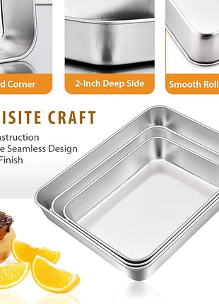 E-far Baking Pans Set of 3, Stainless Steel Sheet Cake Pan for Oven - 12.5/10.5/9.4Inch, Rectangle Bakeware Set for Cake Lasagna Brownie Casserole Cookie, Non-toxic & Healthy, Dishwasher Safe