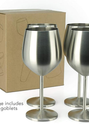 PG Set of 4 Stainless Steel Wine Glass - 18.5oz Silver Brush Finished Wine Glasses - Unbreakable Wine Glasses - Stem Metal Wine Goblets
