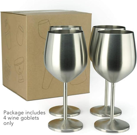 PG Set of 4 Stainless Steel Wine Glass - 18.5oz Silver Brush Finished Wine Glasses - Unbreakable Wine Glasses - Stem Metal Wine Goblets