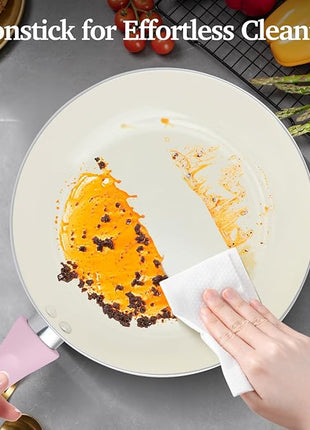 Pots and Pans Set Non Stick, Pink Ceramic Cookware Set, 11-Piece Induction Cookware, Non Toxic Healthy Kitchen Cooking Set, Gold Knobs Lids, Stay-Cool Handles