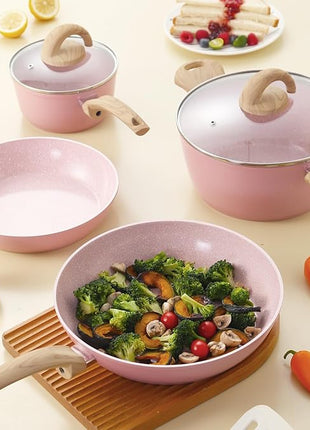 Pots and Pans Set Non Stick, Ceramic Cookware Set with Granite Pattern, Induction Kitchen Cooking Sets w/Frying Pans, Saucepans, Casserole with Lids, Non-Toxic, PTFE/PFOA/PFOS-Free, Pale Pink