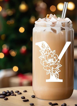 Coolife Initial Glass Cup, Monogrammed Gifts for Women, 16 oz Glass Cups w/Lids Straws, Iced Coffee Smoothie Beer Tumbler w/Straw Lid - Personalized Christmas, Birthday Gifts for Her Mom Friend Woman