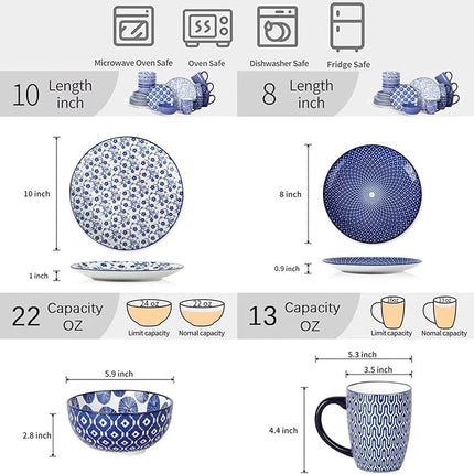 Selamica Ceramic Dinnerware Sets for 6, 24 Piece Plates and Bowls Sets, Scratch Resistant Dishes Set-Dishwasher & Microwave & Oven Safe, Vintage Blue A