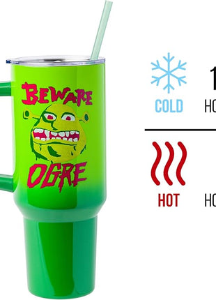 Silver Buffalo Shrek Beware Ogre Stainless Steel Tumbler with Handle and Straw, Fits in Standard Cup Holder, 40 Ounces