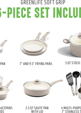 GreenLife 16 Piece Nonstick Cookware Set, Soft Grip Non-Toxic PFAS-Free Ceramic Pots & Pans, Dishwasher & Oven Safe, Frying, Sauce, Saute, Utensils, Glass Lids, Stay-Cool Handles, Wobble Free, Taupe
