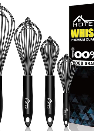 HOTEC 4 Pieces Silicone Whisks Set, Wire Balloon Whisks Egg Beater, Non-slip Handle Whisk for Non-stick Cookware Perfect for Cooking, Stirring, Beating and Blending (Black)