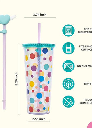 bzyoo 24 oz SIP Tumbler with Heart-Shaped w/Wing Straw Cap Cover– Cute DotDot Design Iridescent Tumbler, BPA-Free Cup with Lid and Straw, Perfect for Iced Coffee, Tea, Party and Gift