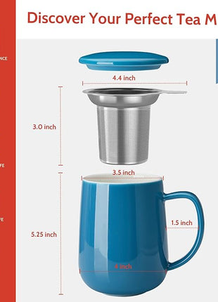 Sweese Porcelain Teacup with Infuser and Lid, 20oz, Steel Blue, Microwave Safe, Reusable