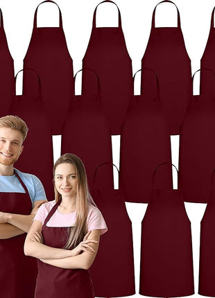 GREEN LIFESTYLE 12 Pack Professional Chef Apron – Grilling Aprons for Men, Waterproof Cooking Apron for BBQ, Work or Restaurant Use, Kitchen Aprons for Women – Burgundy, No Pockets
