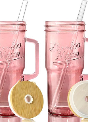 ANOTION Glass Cups with Handle, 24oz Glass Cups with Lids and Straws Travel Coffee Mug Bamboo Mason Jar Iced Cup Smoothie Tea Clear Cute Water Drinking Jars Glasses