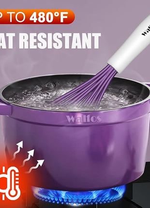 Walfos Whisk,Silicone Whisk Heat Resistant (480°F) Kitchen Whisks set of 5.Non Scratch Coated Whisks for Nonstick Cookware,Egg Wisk Premium for Blending,Whisking,Beating,Frothing. (Purple)