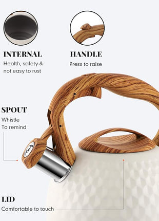 BELANKO 2.7 Quart Tea Kettle for Stovetop - Food Grade Stainless Steel with Diamond Texture, Designer Teapot Look, Cool-Touch Wood Pattern Handle, Whistling Spout - Milk White