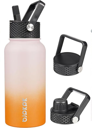 BJPKPK Insulated Water Bottles with Straw Lid, 27oz Stainless Steel Water Bottle with 3 Lids, Leak Proof BPA Free Metal Thermo, Mugs, Tumblers, Keep Cold Hot - Coral