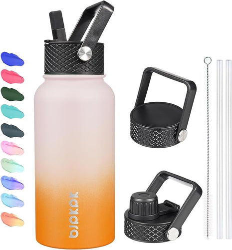 BJPKPK Insulated Water Bottles with Straw Lid, 27oz Stainless Steel Water Bottle with 3 Lids, Leak Proof BPA Free Metal Thermo, Mugs, Tumblers, Keep Cold Hot - Coral