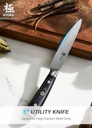KYOKU 5" Kitchen Utility Knife, Samurai Series Chef Knife with Pakkawood Handle & Mosaic Pin, Japanese High Carbon Steel Knife, Full Tang Kitchen Knife for Vegetable Fruit Herb with Sheath and Case