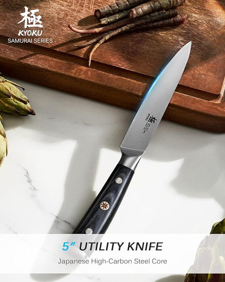 KYOKU 5" Kitchen Utility Knife, Samurai Series Chef Knife with Pakkawood Handle & Mosaic Pin, Japanese High Carbon Steel Knife, Full Tang Kitchen Knife for Vegetable Fruit Herb with Sheath and Case